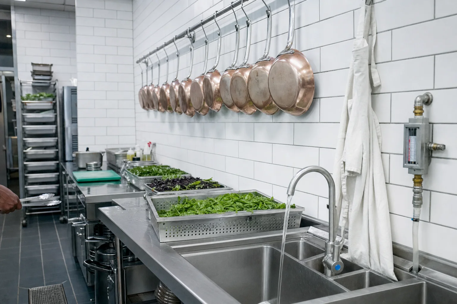 A commercial kitchen produce preparation area