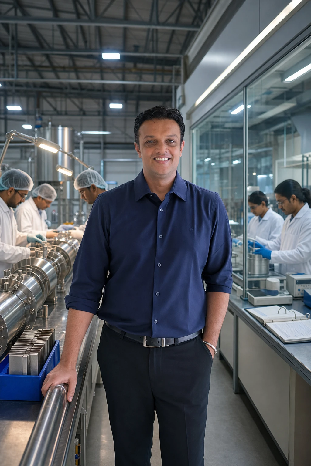 Jesal, founder of Estoqi, photographed on the factory floor with stainless-steel ionization chambers being assembled and the in-house laboratory bench visible in the background.