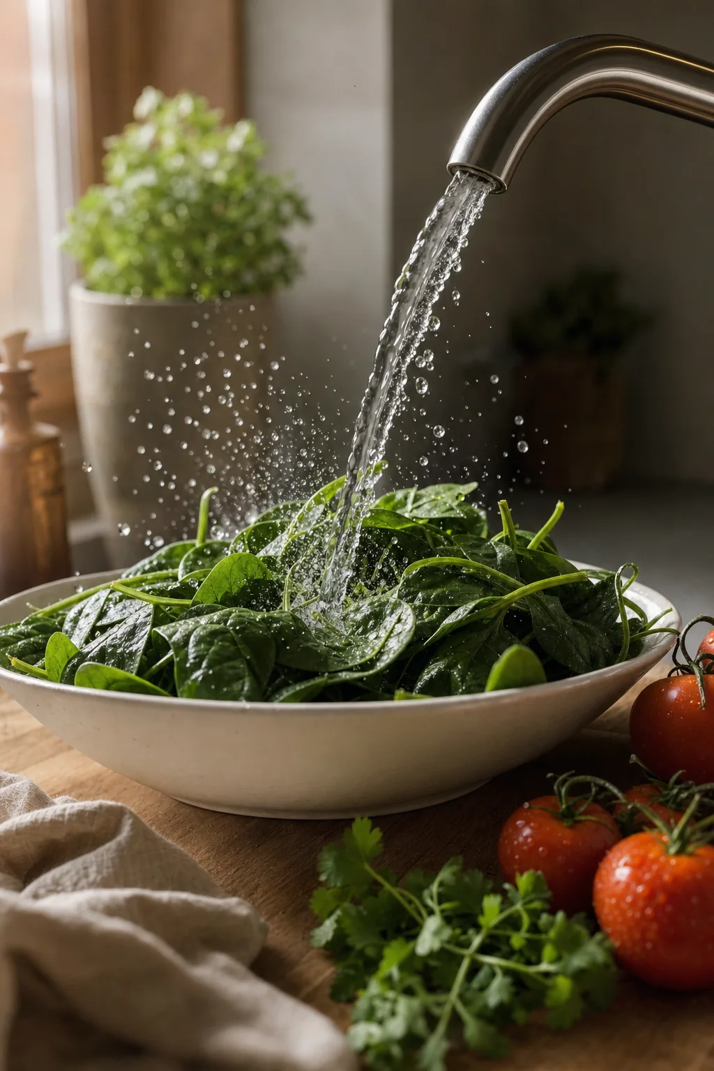 Ionized wash water arcing onto spinach.