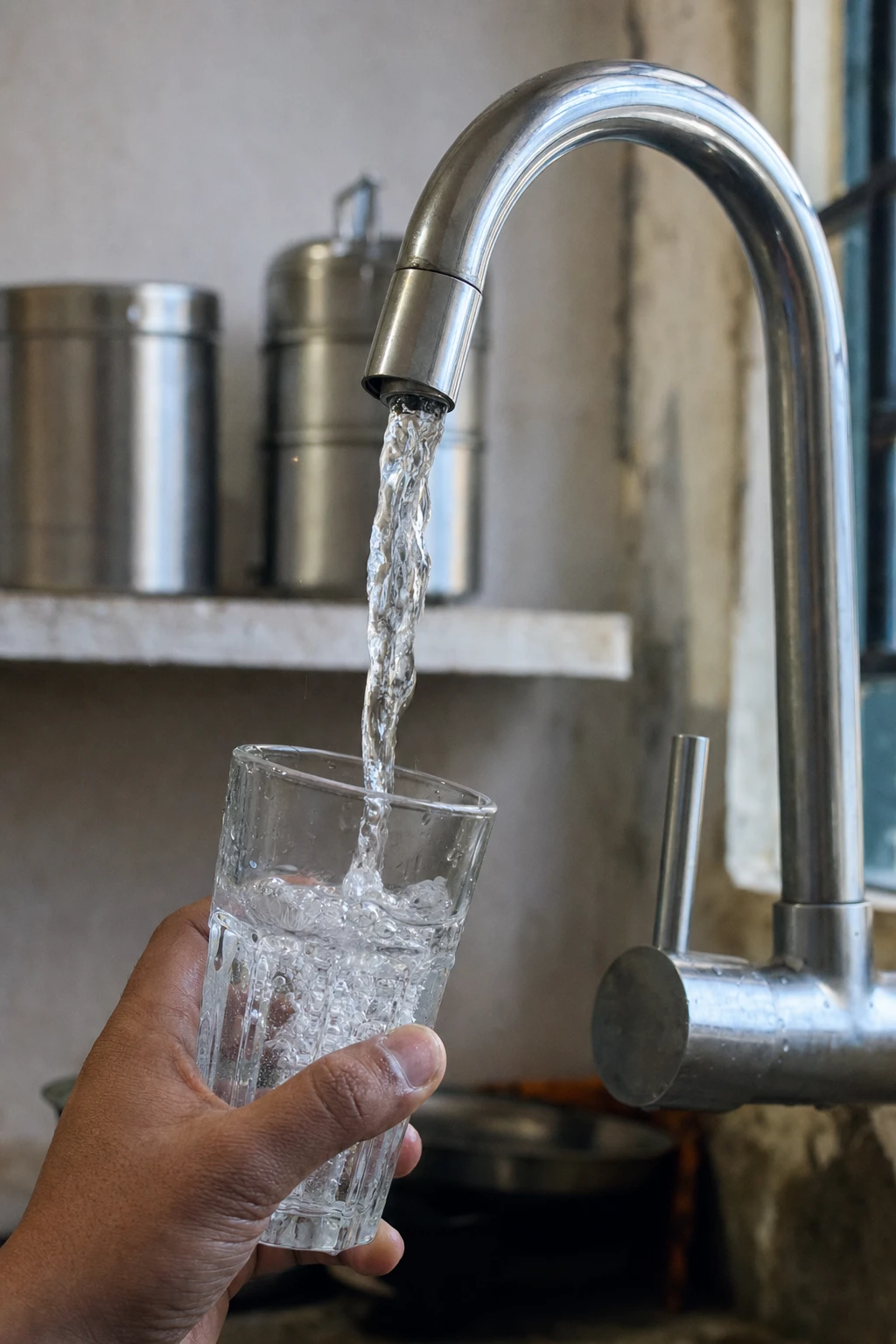An Indian kitchen tap; a hand holds a glass under the flowing stream of ordinary municipal water.