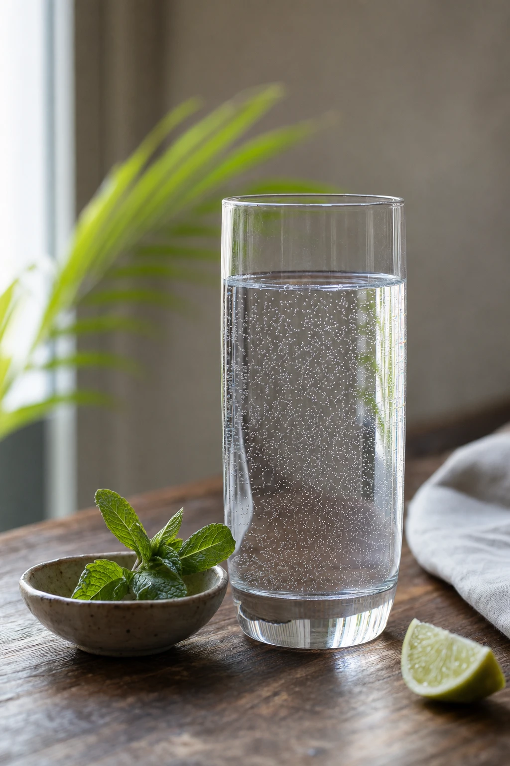 A tall glass of pH 9.5 hydrogen-rich drinking water with visible micro-bubbles clinging to the inside of the glass.